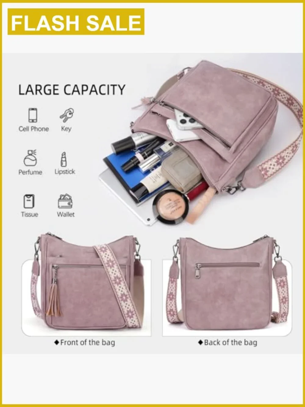 Medium Vegan Leather Crossbody Bag with Tassel, Lightweight Shoulder Handbag
